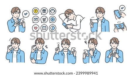 Simple vector illustration set material of smartphone and young man