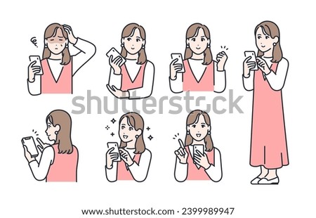 Simple vector illustration set material of smartphone and young woman