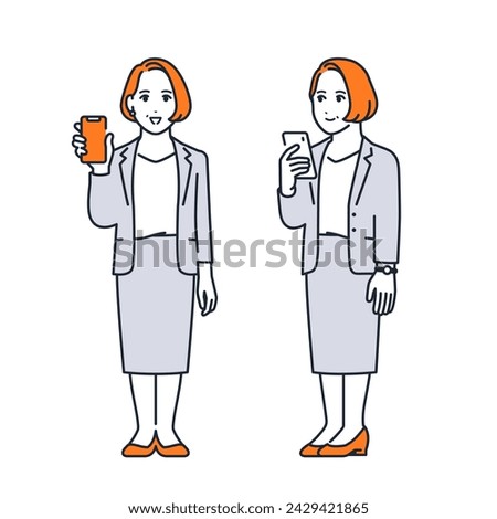Simple vector illustration set material of a middle-aged woman holding a smartphone