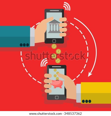 Wireless transfer of money through mobile phone vector concept