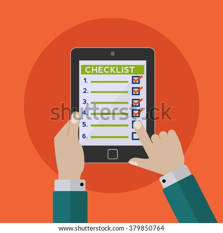 Hands holding tablet and checking off items on a checklist vector illustration