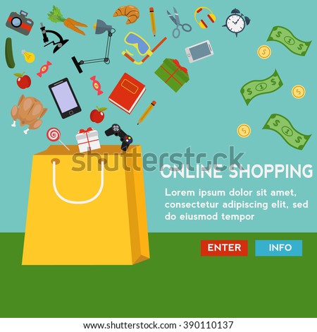 Products filling a shopping bag, online shopping vector concept