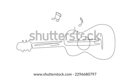 One line acoustic guitar illustration with notes. Music band instrument line art. steel guitar logo icons vector design. 