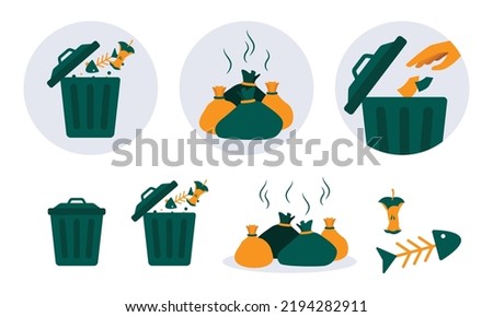 Vector Illustration: metal garbage container, trash bin, recycling icon, pile of waste decomposed, opened trash bin, hand throwing rubbish into trash, no littering illustration. isolated on white