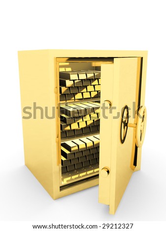 Gold a safe with gold bullion, on a white background