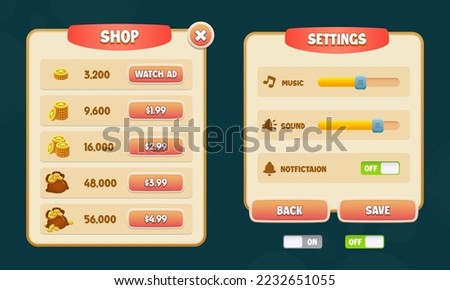 Set of Shop and Settings popup with editable text effect and on and off toggle buttons for game ui. Game asset ui design in cartoon style. All files are grouped and well organised.