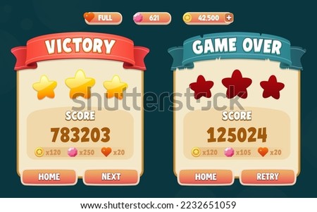 Vector game UI elements. Set of Victory, Gameover popup with editable text effect and Bars for game ui. Game asset ui design in cartoon style. All files are grouped and well organised.