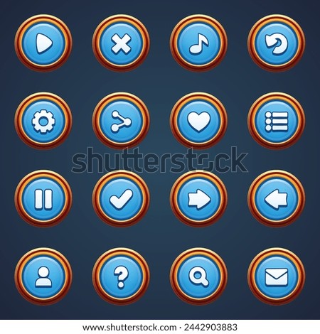 Game ui set of blue buttons in cartoon style gui to build 2d games cartoon casual buttons kit
