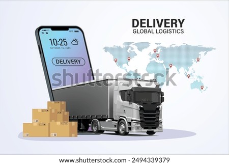 Logistics and delivery online service on mobile, Global logistic, Online order. Truck sale sell and parcel van box 3d world map gps map free fast driver load lorry auto app web icon logo sign