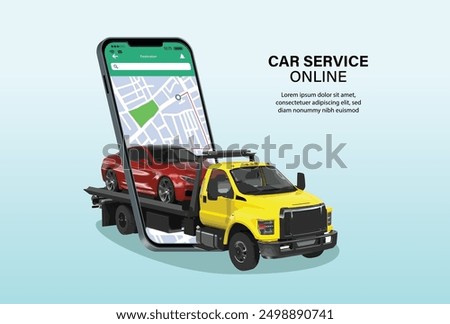 Tow truck with broken car. Roadside assistance. Transportation faults. Emergency car. Online app for evacuation service. online service. Call of the tow truck smartphone.
