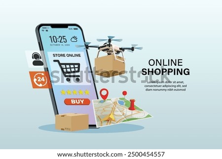 Drone delivery service with maps online navigation on mobile phone app. remote control air logistics by drone .fast Digital online delivery concept. Webpage, app design. 3D vector Illustration