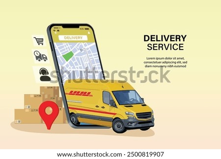 Digital Online Shop gps map logistic Truck Van Scooter Black Yellow free Delivery phone mobile website background concept location shopping food shipping box 3D vector Illustration. copy space