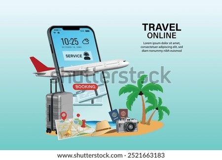 Online travel on smartphone buy Book ticket map gps Trip planning Travel to World 3d travel bali hawai app modern luggage web Top view on travel tourism concept summer beach holiday holidays bag plan