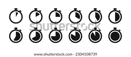Set of timer. Stopwatch icons set. Countdown 5,10,15, 20, 25, 30, 35, 40, 45, 50, 55, 60 minutes. Timer symbol. Outline stopwatch icon. Alarm pictogram. Vector, Trasnparent background