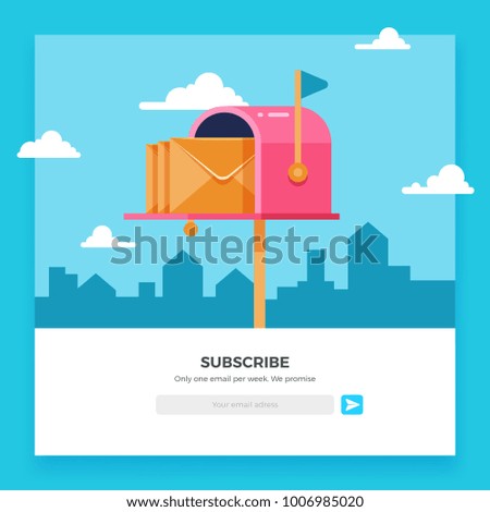 Email subscribe, online newsletter vector template with mailbox and submit button. Envelope and subscribe button, newsletter website illustration