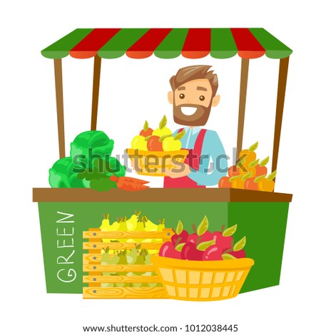 Young caucasian white hipster street seller with beard standing behind market stall with fruit and vegetables and holding basket with apples. Vector cartoon illustration isolated on white background.