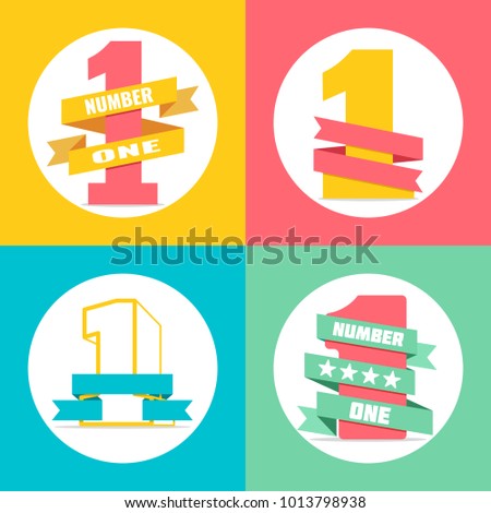 Bright vector colored flat number one with ribbon set illustration