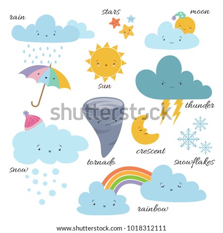 Cute cartoon weather icons. Forecast meteorology vector vocabulary symbols. Sun and cloud, rain and snowflake illustration
