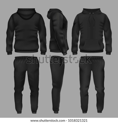 Black man sportswear hoodie and trousers vector mockup isolated. Sportswear with hoodie, male fashion clothes trousers and sweatpants illustration