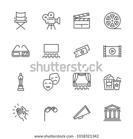 Entertainment and performance line vector icons. Theater and cinema outline symbols. Cinema and performance entertainment, movie film and show illustration