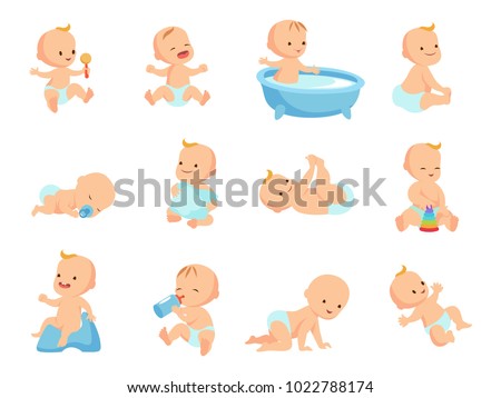 Infant newborn baby big set in different activity isolated on white. Child and infant, boy and girl little baby. Vector illustration