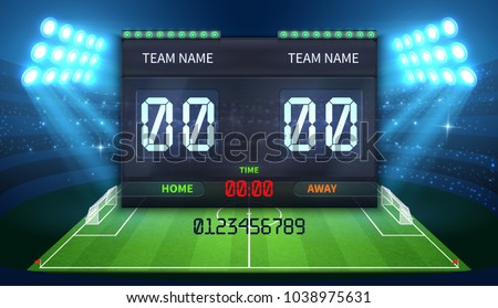 Stadium electronic sports scoreboard with soccer time and football match result display vector illustration Imagine de stoc © 