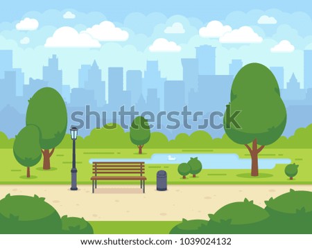 City summer park with green trees bench, walkway and lantern. Town and city park landscape nature. Cartoon vector illustration
