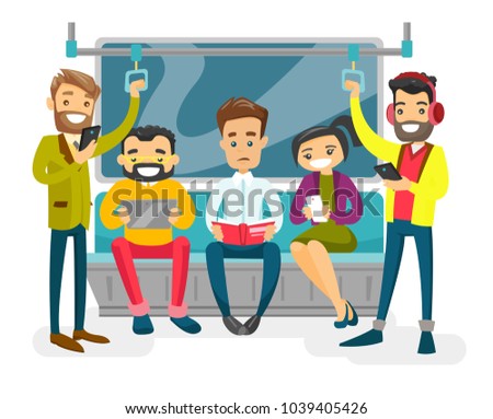 Caucasian white people reading book, using smartphones and tablet computer, listenig music in headphone in the metro. Group of young passengers traveling by metro. Vector isolated cartoon illustration