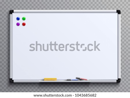 Empty whiteboard with marker pens and magnets. Business presentation office white board isolated vector mockup. Illustration of whiteboard clean with colored markers