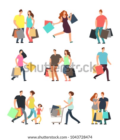 Happy shopping people. Man, woman and shoppers with gift boxes and shopping bags. Vector cartoon characters set. Woman and man cartoon shopper, buyer with bag purchase. Vector illustration