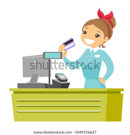 Young caucasian white cashier holding credit card at the checkout in supermarket. Female cashier working at the cash register. Vector cartoon illustration isolated on white background. Square layout.