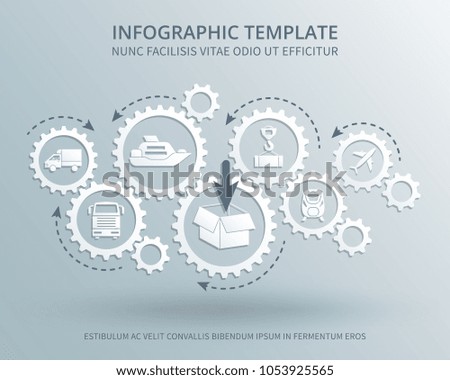Delivery and distribution business consept with gears mechanism, transport, packing and shipping icons. Transportation and logistic industry illustration