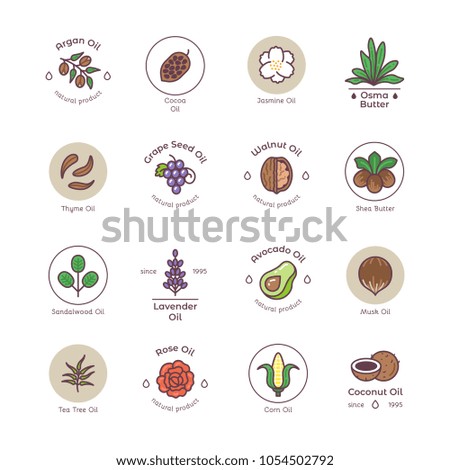 Skincare and beauty organic cosmetics oil vector line emblems and logos. Illustration of natural oil tea tree, coconut and avocado oil