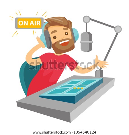 Female radio dj working in front of microphone, computer and mixing console on radio. Caucasian female radio dj in headset working on a radio station. Vector cartoon illustration. Square layout.