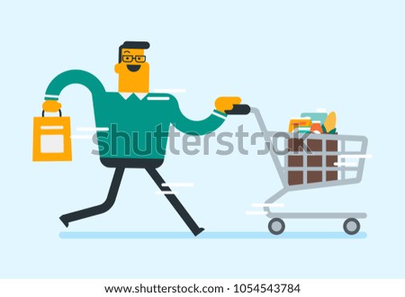 Young caucasian white man doing shopping at the grocery shop. Man running in a hurry with supermarket shopping trolley and bag full of grocery purchases. Vector cartoon illustration. Square layout.