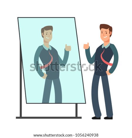 Cartoon businessman loves to look at his reflection in mirror. Egoistic person vector consept. Businessman in mirror reflection, egoistic and attractive confidence illustration