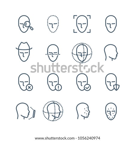 Face recognition line icons. Faces biometrics detection, facial scanning and unlock system vector pictograms. Facial scan, face biometric identification illustration