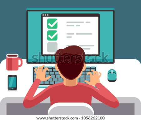 Man at computer filling online questionnaire form. Survey vector flat concept. Feedback and questionnaire online, survey and report illustration