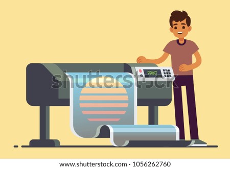 Man worker at plotter printing wide format large banner vector illustration. Printer and worker in office, printshop and polygraphy