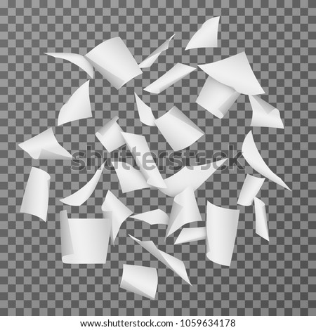Hojas de documentos de papel volantes. Ilustración vectorial de papeles 3d en blanco aislados. Página blanca de papel, hoja de documento vacía en blanco