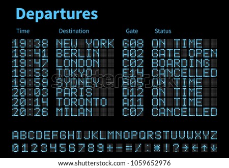 Departures and arrivals airport digital board vector template. Airline scoreboard with led letters and numbers. Airport display digital, scoreboard panel board illustration