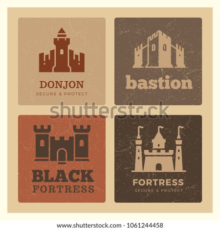 Banner with grunge castles, fortress, bastion label design. Medieval logos set. Vector illustration