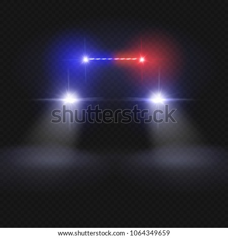 Police car headlight beams isolated on dark transparent background. Automobile at night road vector concept. Police car light, auto headlight in night illustration