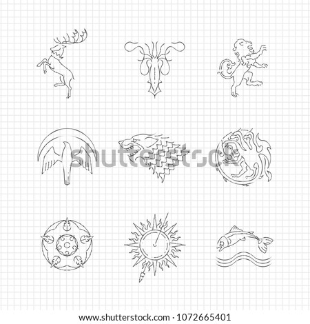 Pencil drawing line heraldic animals gaming thrones symbols. Vector illustration