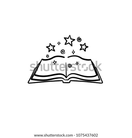 Open magic book with stars hand drawn outline doodle icon. Magic book vector sketch illustration for print, web, mobile and infographics isolated on white background.