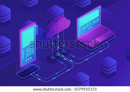 Isometric cloud storage concept. Synchronization backend cloud data storage with laptop, smartphone on ultraviolet background. Data transfer upload-download process. Vector 3d isometric illustration.