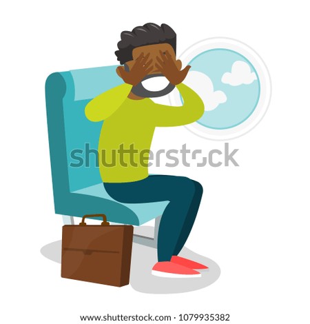 Young african-american man shocked by plane flight in the turbulent area. Frightened airplane passenger sitting in airplane seat and suffering from phobia. Vector cartoon illustration. Square layout.