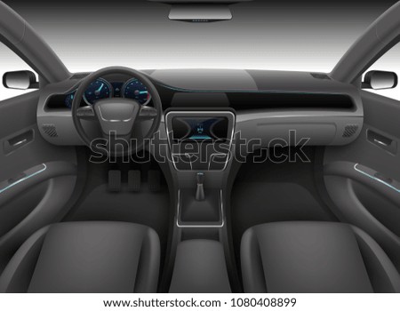 Realistic car interior with rudder, dashboard front panel and auto windshield vector illustration. Automobile interior, wind shield and dashboard