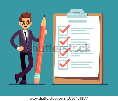 Businessman holding pencil at big complete checklist with tick marks. Business organization and achievements of goals vector concept. Check list with tick mark, businessman with questionnaire