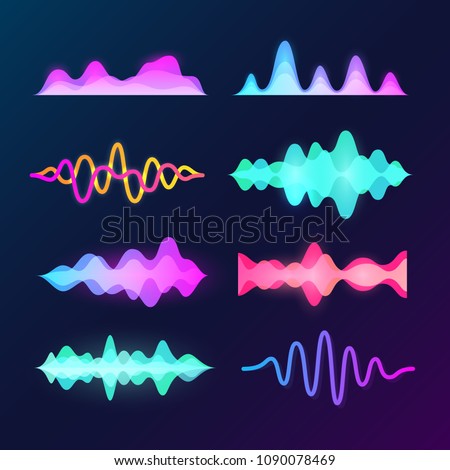 Bright color sound voice waves isolated on background. Abstract waveform, music pulse and equalizer wave vectors. Equalizer effect digital, rhythm graphic pattern, wave form frequency illustration